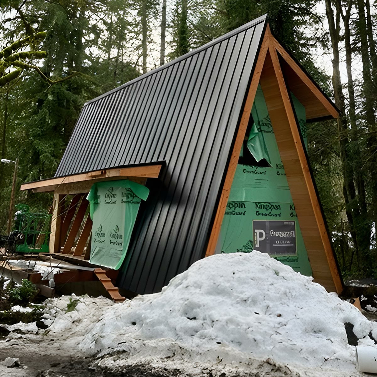 Modern A-frame cabin with black metal siding.